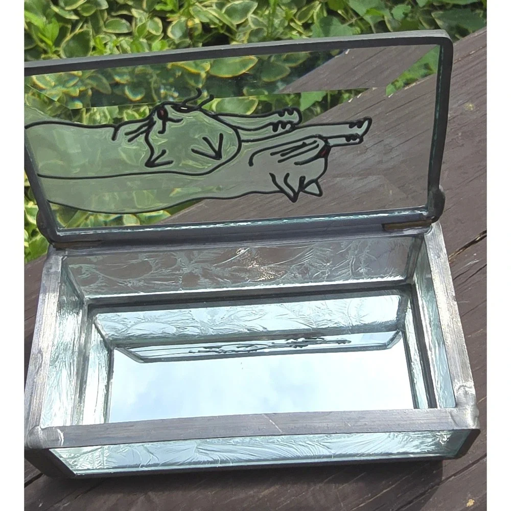 Vintage Stained Glass & Mirrored Sleeping Cats Hinged Trinket Jewelry Box